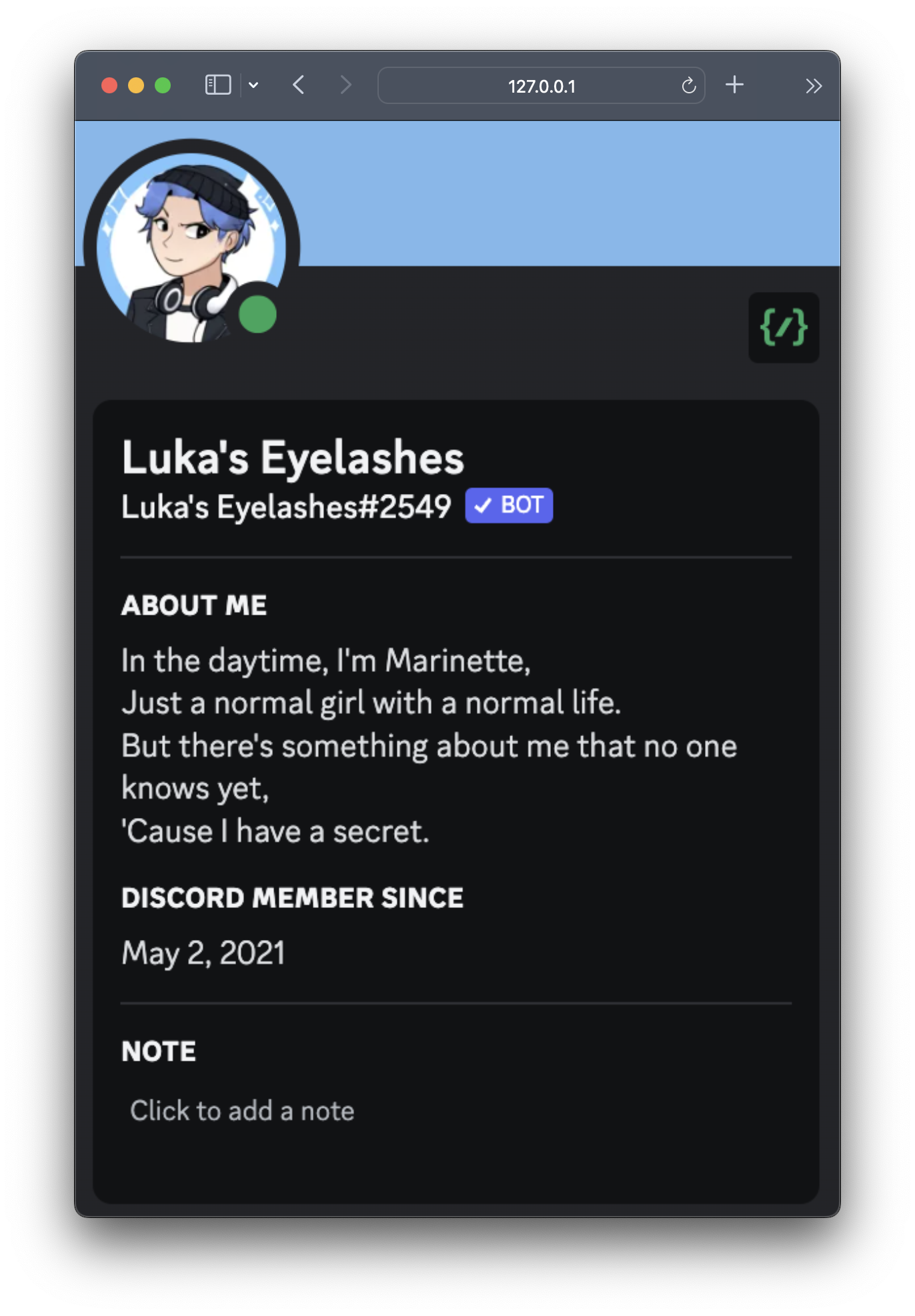 Page of Luka, a Discord integration.